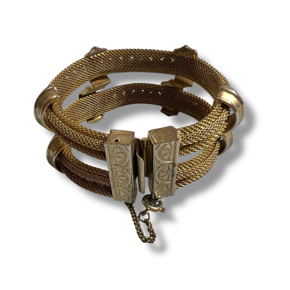 Vintage Hobe Victorian Style Bracelet Gold Mesh Rhinestone Statement Jewelry